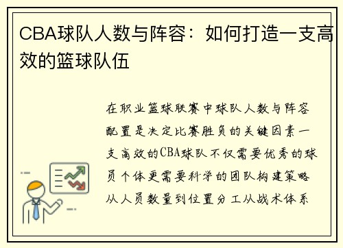 CBA球队人数与阵容：如何打造一支高效的篮球队伍